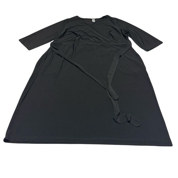 Catherines Dress Size 2X 22 / 24W Black Faux Wrap Stretch 3/4 Sleeve Tie Waist - Picture 1 of 12